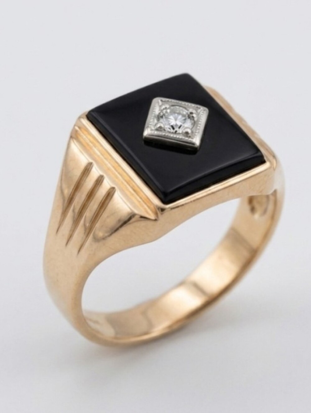 Vintage 10K Gold Black Onyx & Diamond Signet Ring Sz 9, William Schneider